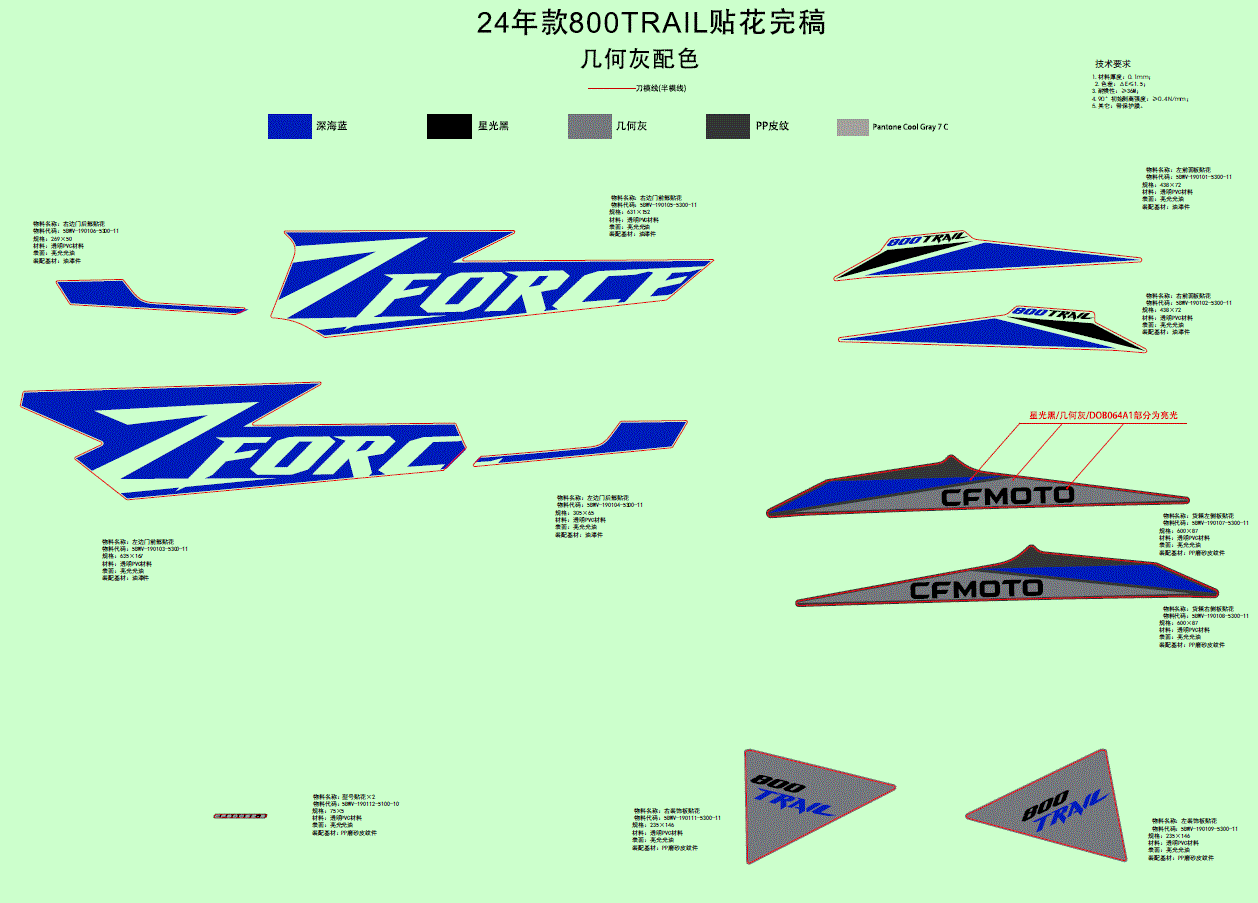A design sheet featuring the 2024 CFmoto RH Side Door Rear Decal for ZFORCE 800 TRAIL in blue, white, grey, and black. Includes ZFORCE, CFMOTO, and 800 TRAIL logos, color swatches, Chinese text. Find similar UTV/ATV parts at Witchdoctors.com.