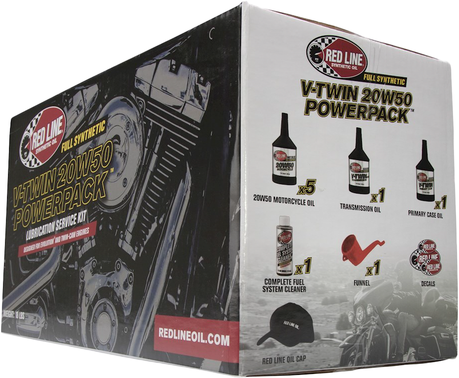 A box labeled Big Twin Powerpack Oil Change Kit 20W50 by Red Line, featuring images of motorcycle oil bottles, a metal funnel, decals, a motorcycle engine graphic, and V-Twin Transmission Oil for complete care.