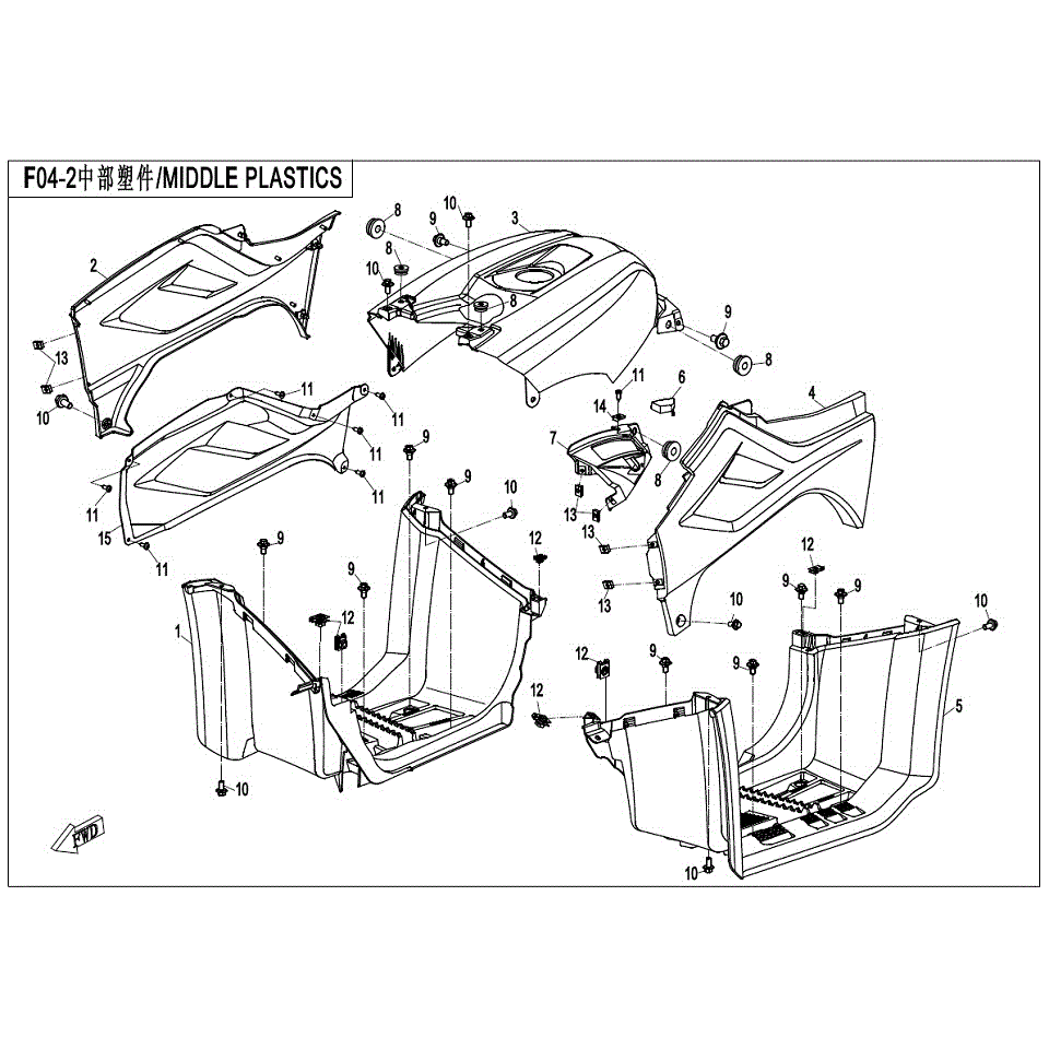 An Image of a genuine CFMOTO Parts Schematic Diagram showing the group - MIDDLE PLASTICS - 2017 CFMOTO CFORCE 400
