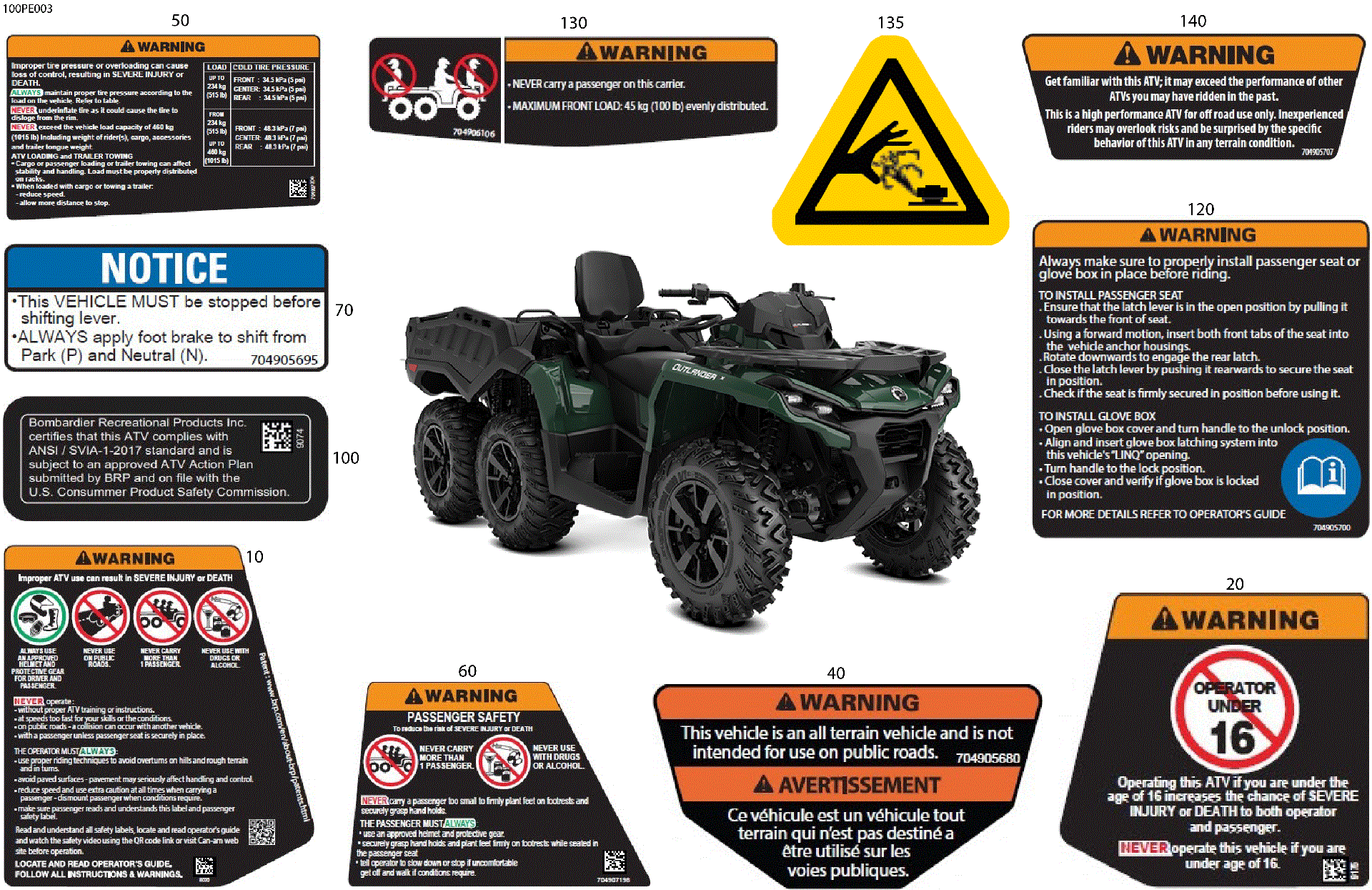 An Image of a Genuine Can-Am Parts Schematic Diagram showing the schematic - BODY - WARNING DECALS FRONT SECTION