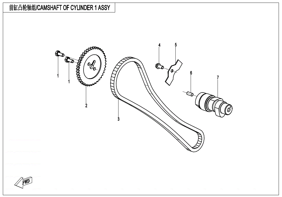 Exploded diagram labeled Camshaft of Cylinder 1 Assy highlights the Timing Sprocket Bolt by CF Moto among five OEM parts, with English and Chinese labels—perfect for UTV & ATV parts identification.