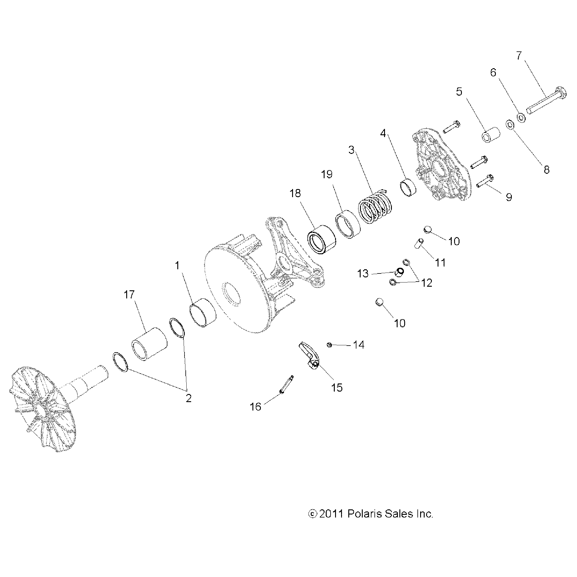 An Image of a Genuine Polaris Parts Schematic Diagram showing the schematic - DRIVE TRAIN: PRIMARY CLUTCH - 2018 POLARIS ACE 500 SOHC
