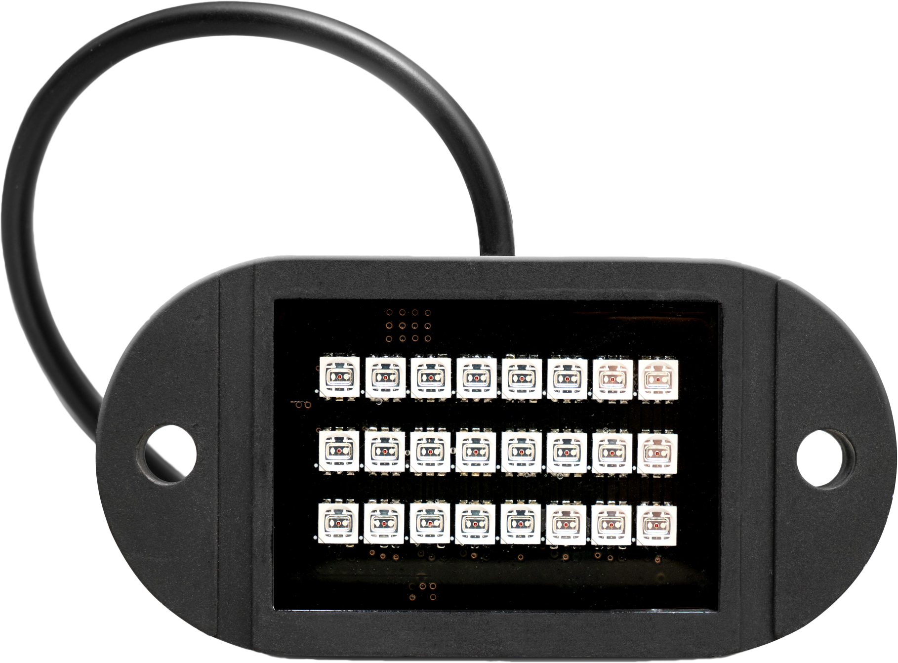 The X1 Rock Light X1 24 LED Rock Light + Cable by EcoXGear is a rectangular black module with two mounting holes per side, a central grid of 24 white LEDs, and a thick black cable extending from the top left.
