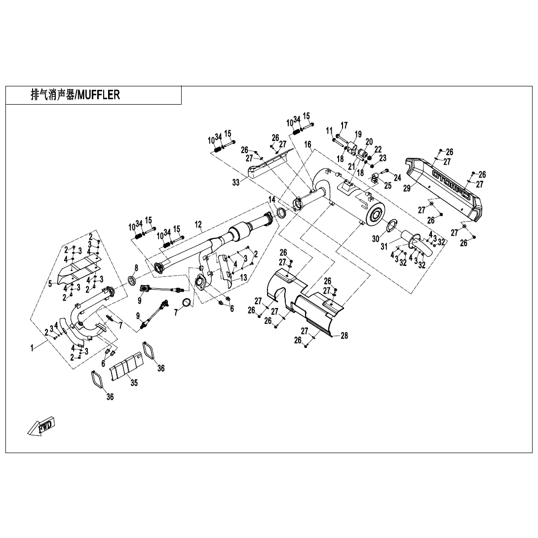 An Image of a genuine CFMOTO Parts Schematic Diagram showing the group - MUFFLER - 2023 CFMOTO CFORCE 800 XC