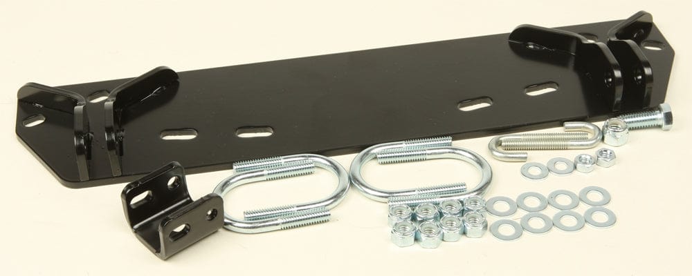 The Suzuki King Quad Provantage Center Snow Plow Mounting Kit by Warn, including black metal bracket, U-bolts, nuts, washers, and hardware for ATV plowing, is arranged on a light-colored surface.