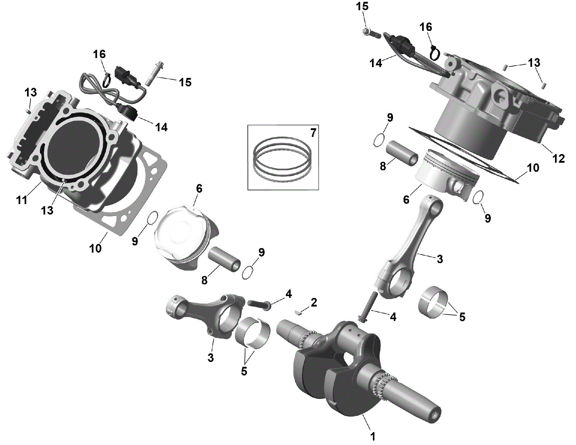 An Image of a Genuine Can-Am Parts Schematic Diagram showing the schematic - ROTAX - CRANKSHAFT PISTONS AND CYLINDER