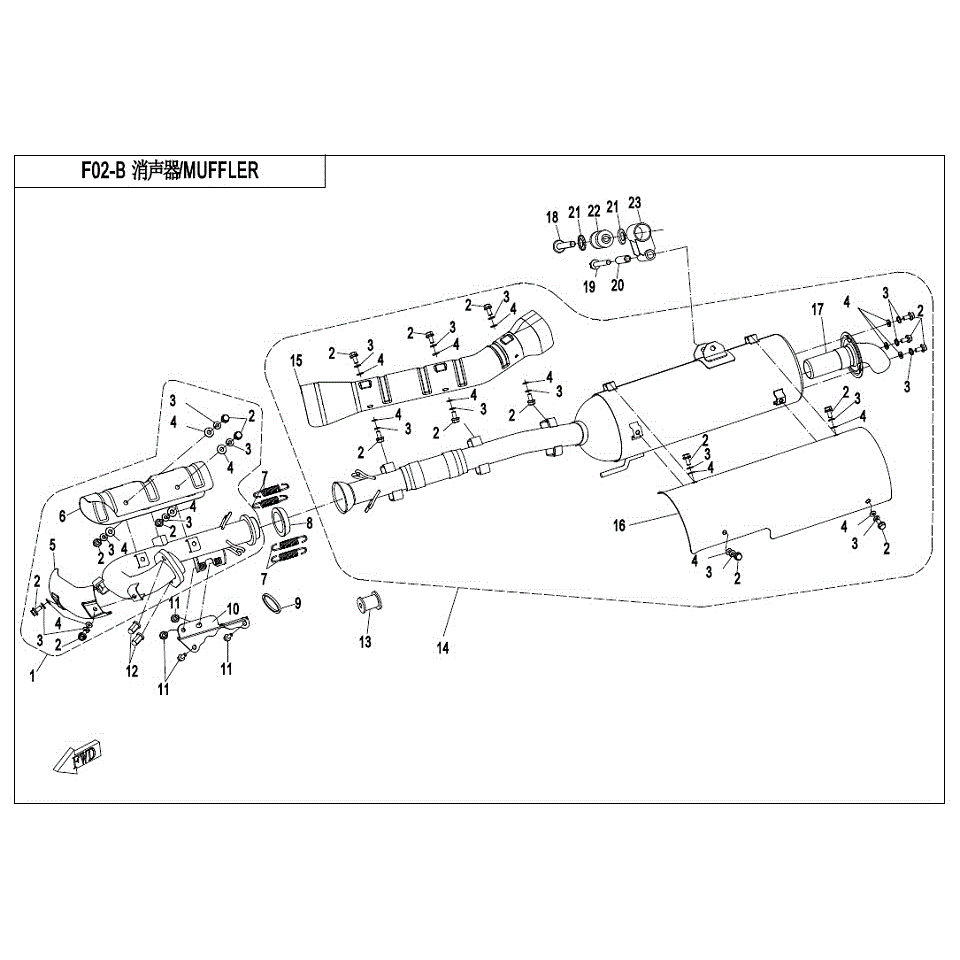 An Image of a genuine CFMOTO Parts Schematic Diagram showing the group - MUFFLER COMP (USA) - 2017 CFMOTO CFORCE 500 S