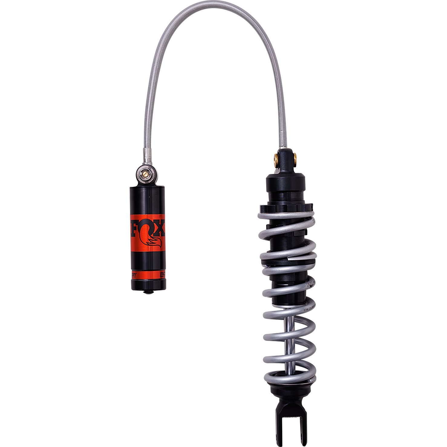 A vertically displayed Honda TRX450R Single Spring Black 2.0 Podium RC2 Shock by Fox features a black and red design, Kashima coated aluminum body, silver coil spring, attached braided hose, and stands out against a plain background.