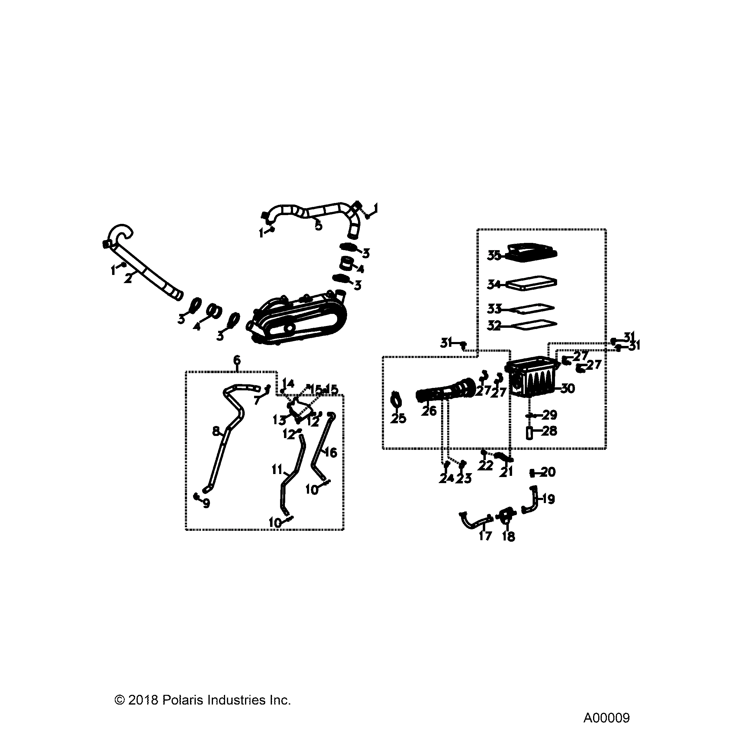 An Image of a Genuine Polaris Parts Schematic Diagram showing the schematic - ENGINE: AIR INTAKE SYSTEM - 2024 POLARIS SPORTSMAN 110