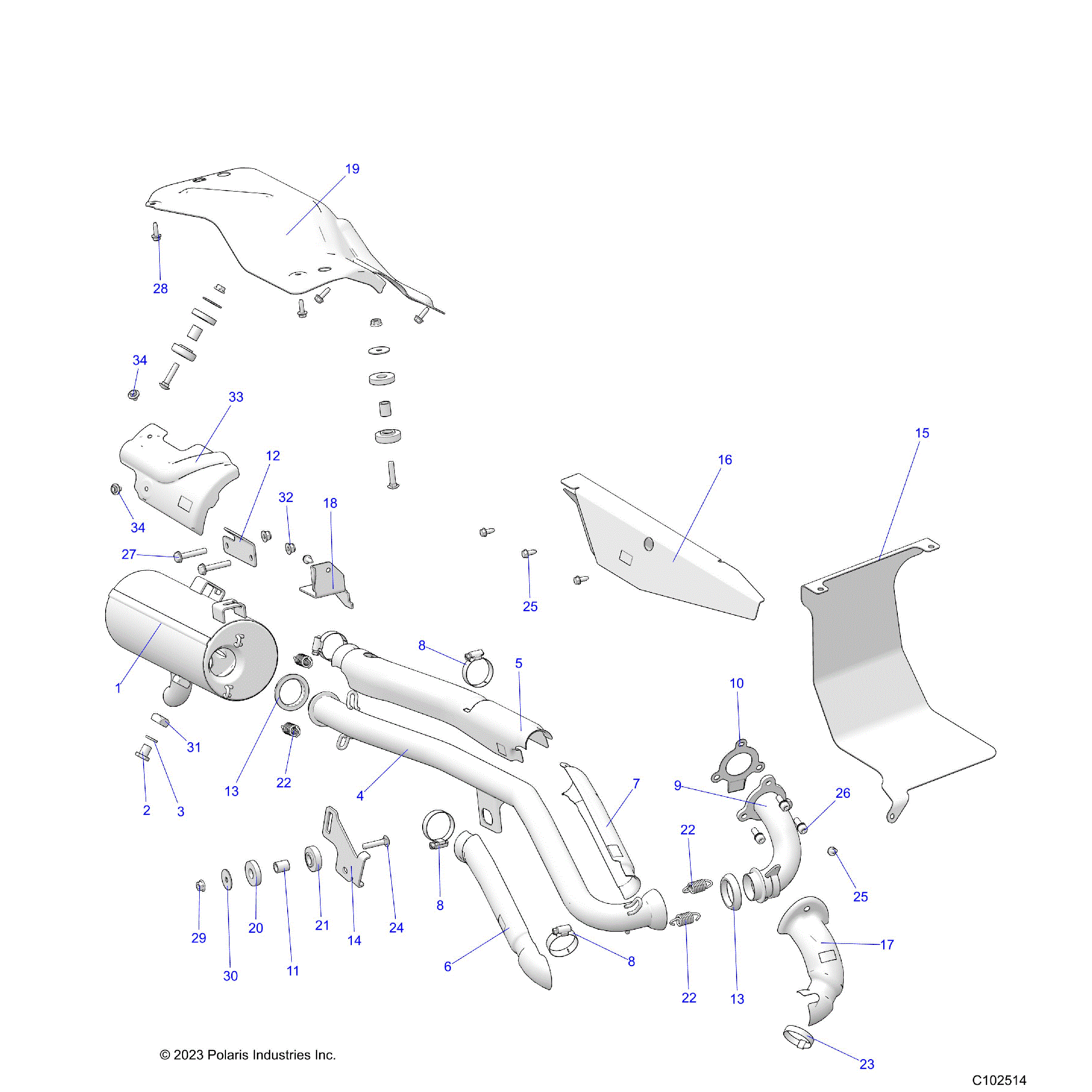 An Image of a Genuine Polaris Parts Schematic Diagram showing the schematic - ENGINE: EXHAUST - 2024 POLARIS SPORTSMAN 570 EPS EBS TRAIL