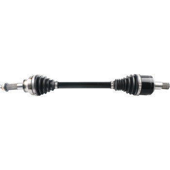 Black metal complete rear left CV axle kit with rubber protective boots on both ends.