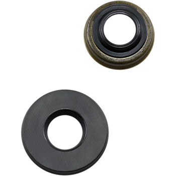 The Shock Oil Dust Seal Set 16 mm x 34 mm and 16 mm x 28 mm KYB by Race Tech includes a metallic component with a black inner ring and a solid black shock seal, both shown on a white background.