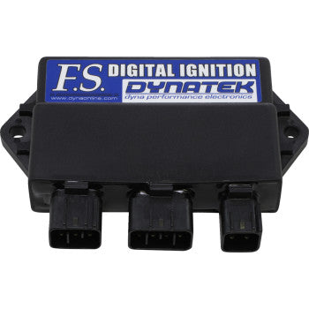 A black electronic module labeled "Yamaha Non Programmable Ignition System by Dynatek" with three plug connectors offers a plug-in replacement solution for improved performance.
