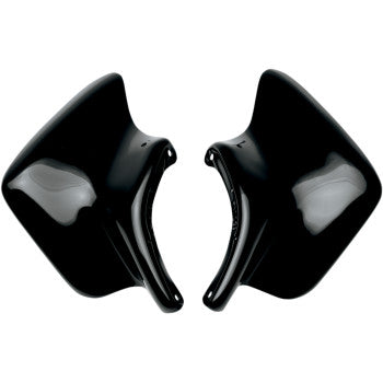 A pair of glossy black Front Fender Black Honda TRX R by Maier, made from high-density polyethylene, are symmetrically placed with curved edges facing each other on a white background.