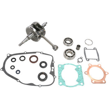 The Yamaha Crankshaft Kit OE Crankshaft Replacement by Hot Rods includes a crankshaft, connecting rod, gaskets, bearings, seals, and o-rings arranged on a white background to meet OEM specifications.