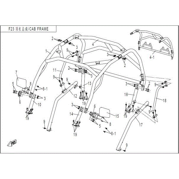 An Image of a Genuine CFMOTO Parts Schematic Diagram showing the schematic - CAB FRAME (ROPS) - 2015 CFMOTO ZFORCE 800 Trail