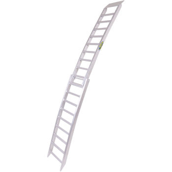The Arched Folding Ramp 7' by Motorsport Products, made of aluminum and featuring a multi-section arched design with visible rungs and locking mechanism, is shown positioned at an angle on a white background.