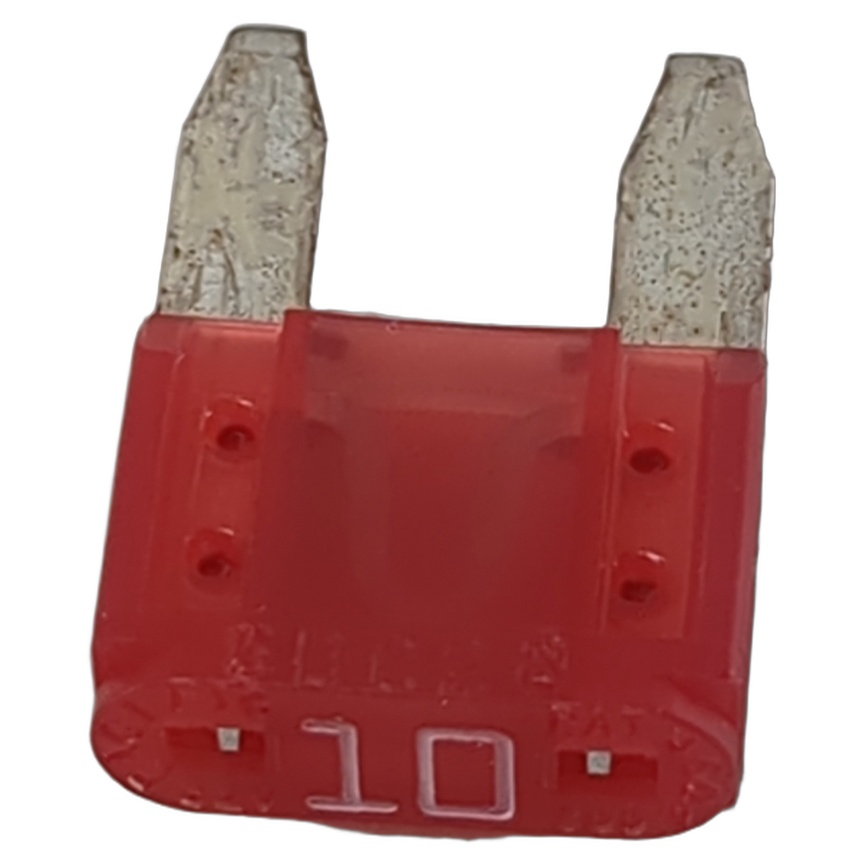 Red plastic blade fuse with metal prongs, labeled 10A rating on front.