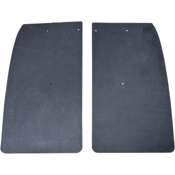 Set of two Maier Mud Flaps Front Black: rectangular shape with rounded lower corners, each featuring pre-drilled holes—one near the center and one near the top edge.