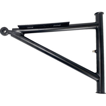 Black metal A-arm front lower left hand suspension component with tubular frame design and mounting points.