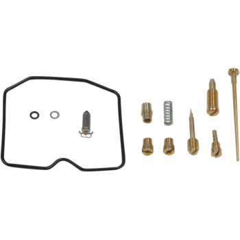 The Arctic Cat Carburetor Repair Kit by Shindy includes a float valve, black gasket, main jets, metal springs, screws, nozzles, needles, and small rings—all neatly arranged on a white background.