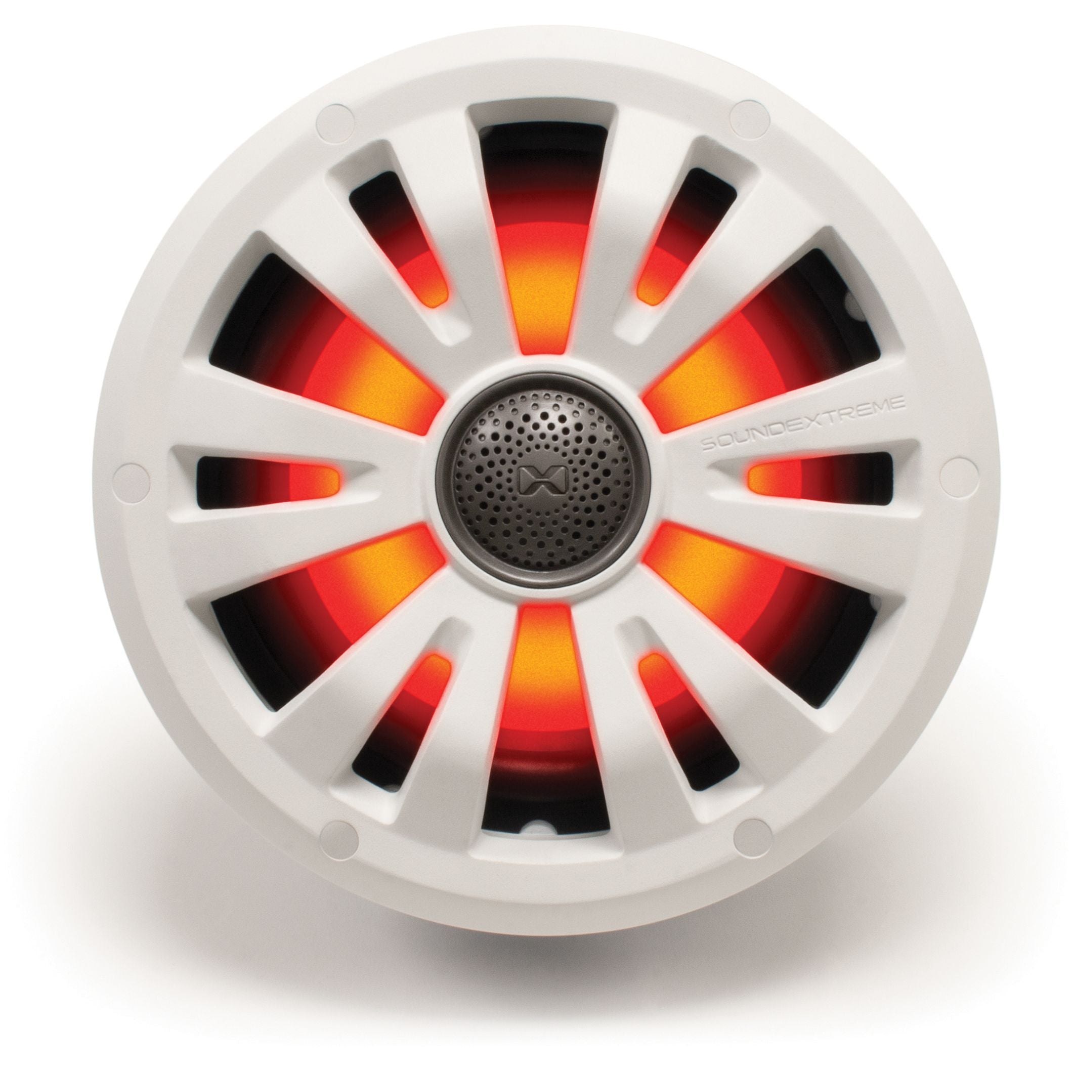The 8 Marine Speaker by EcoXGear is a white circular speaker with a mesh center, water-resistant design, vibrant red and orange RGB LED lights behind the grill, and SOUNDEXTREME embossed on the right side.