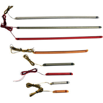 Six LED strip lights in various lengths and colors including silver, red, and amber, each with connected wiring and plugs.