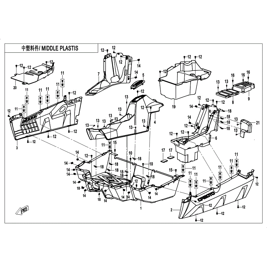 An Image of a Genuine CFMOTO Parts Schematic Diagram showing the schematic - MIDDLE PLASTICS(2) - 2019 CFMOTO ZFORCE 800 EX
