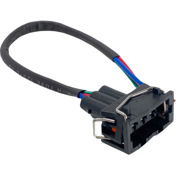 Black automotive electrical pigtail harness with three-wire connector and weather-resistant sleeve.