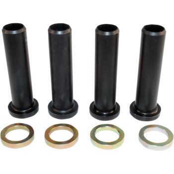 The A-Arm Bushing Kit Front by Epi includes four black cylindrical bushings with flanges, each paired with a gold-colored metal washer, arranged in a row—an ideal OEM quality replacement.