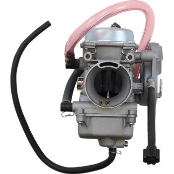 Metallic silver offroad carburetor with attached black and translucent pink hoses and electrical connector.