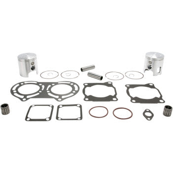 The Yamaha 350 Banshee/YFZ Piston Kit by Wiseco (65.25 mm) with gaskets, needle bearings, wrist pins, rings, and O-rings is displayed on a white background.