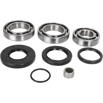 The Differential Bearing Seal Kit Rear KVF 300 by Moose Offroad features quality bearings, rubber seals, and a cylindrical needle bearing, all neatly arranged in rows on a white background.