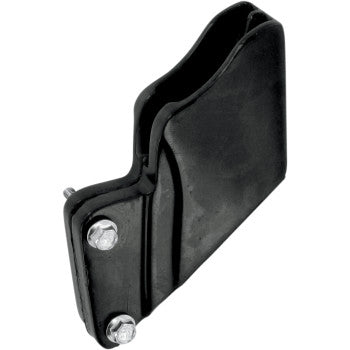 The Honda TRX R Rear Chain Slider Black by Moose Offroad is a black bracket with two silver bolts, a curved angled design, and a top groove for easy installation. Made in the U.S.A.