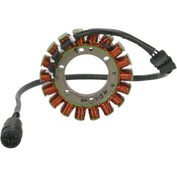 Circular stator with copper coil windings and black electrical connectors on both ends, designed for offroad vehicle use.