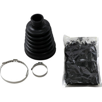 The Boot Kit Heavy Duty Outbound by Demon includes a black neoprene rubber CV boot, two metal clamps, and a sealed molybdenum grease packet—perfect as replacement boots. Displayed on a white background.