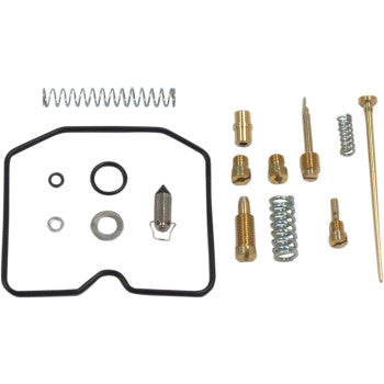 The Suzuki Carburetor Repair Kit by Shindy includes float valves, jet needle sets, springs, screws, a gasket, and O-rings, all neatly arranged on a white background.