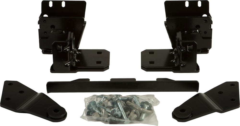 The Honda ATV Provantage Front Snow Plow Mounting Kit By Warn includes black metal brackets, plates, and all necessary hardware (screws and bolts in a plastic bag), arranged on a plain white background.
