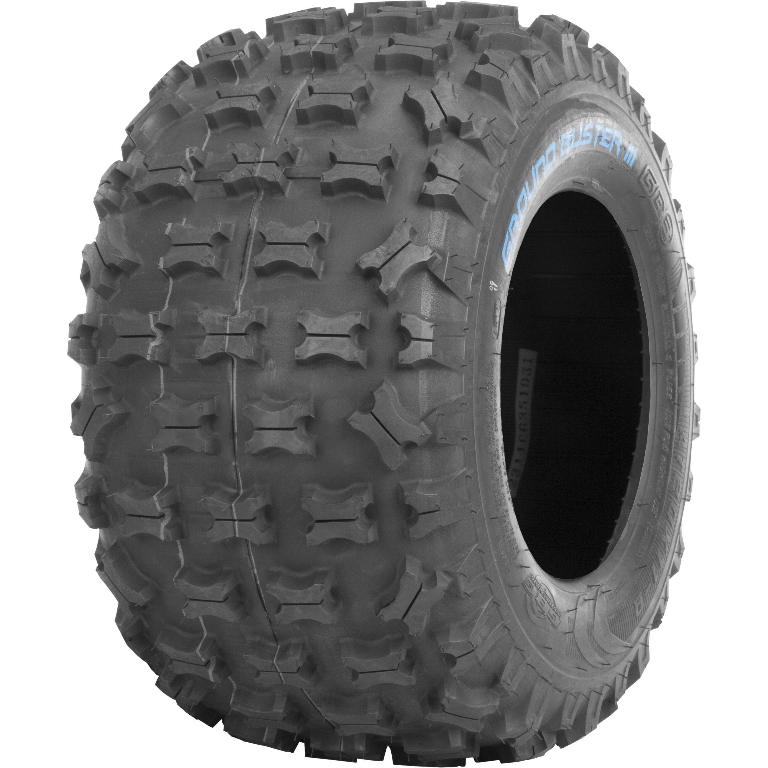 The Tire Ground Buster III 22X7-10 by GBC is a rugged sport ATV tire featuring deep, aggressive non-directional tread for enhanced traction and a blue GROUND BUSTER III logo printed on the sidewall.