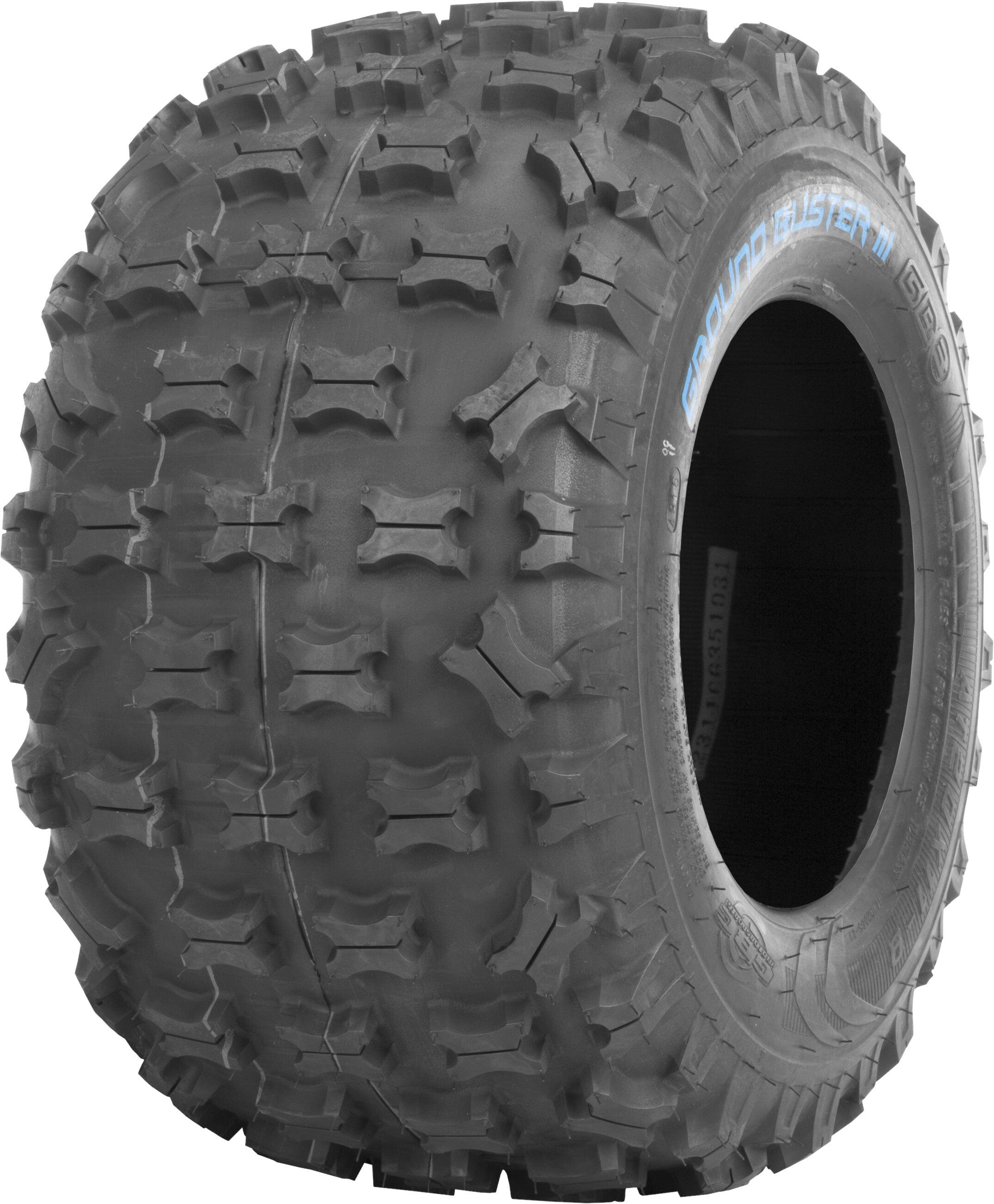 The Tire Ground Buster III 21x7-10 by GBC is a large off-road sport ATV tire with deep, rugged treads for excellent traction on rough, intermediate to hard terrain and Ground Buster III in blue text on the sidewall.