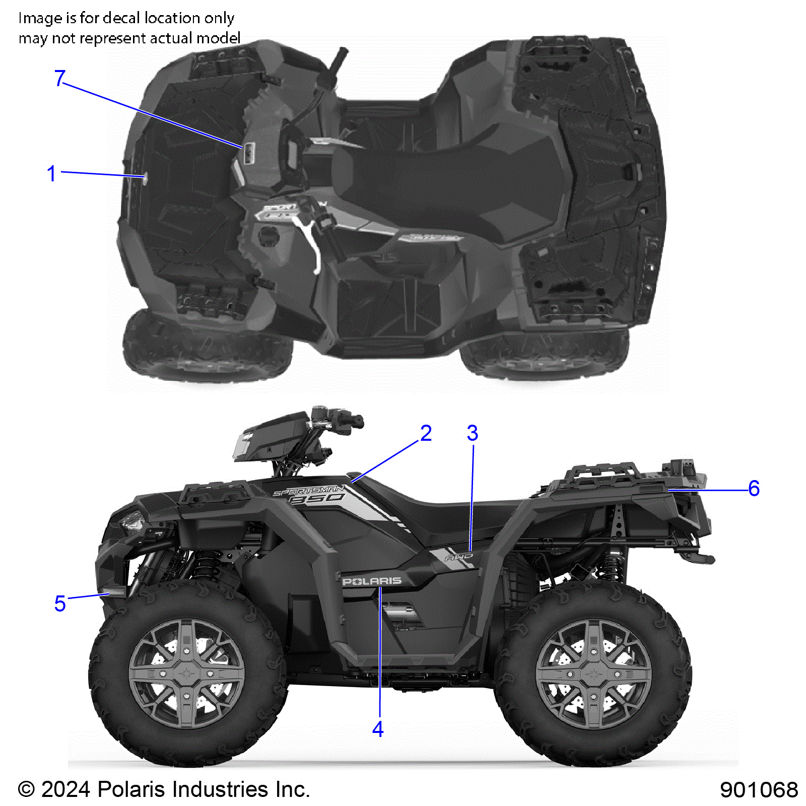 An Image of a Genuine Polaris Parts Schematic Diagram showing the schematic - BODY: DECALS GRAPHIC - 2025 POLARIS SPORTSMAN 850 EPS 48"