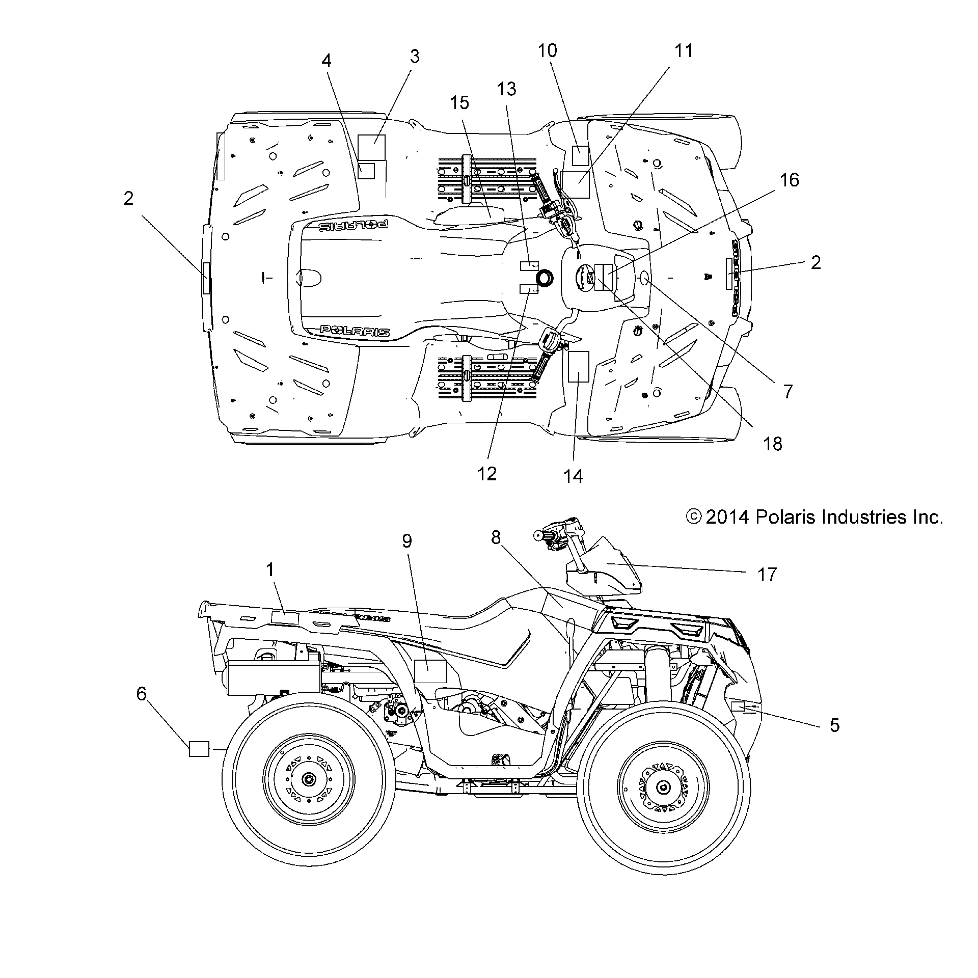 An Image of a Genuine Polaris Parts Schematic Diagram showing the schematic - BODY: DECALS - 2015 POLARIS SPORTSMAN 570 EFI EPS