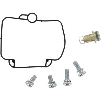 The Yamaha Carburetor Repair Kit by K&L Supply includes a black gasket, O-rings, four metal screws, and a brass valve component, all neatly arranged on a white background.