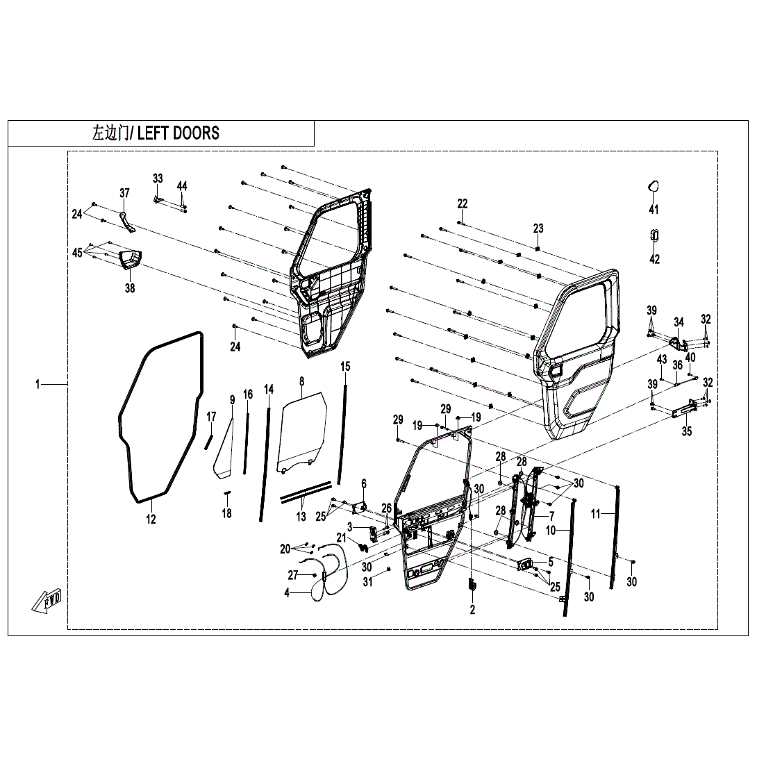 Exploded diagram of the CF Moto Front Window Lifter LH shows labeled parts—glass, handles, seals, and mechanisms—for easy assembly. English and Chinese text marks LEFT DOORS. Get it at Witchdoctors.com for UTV & ATV parts.