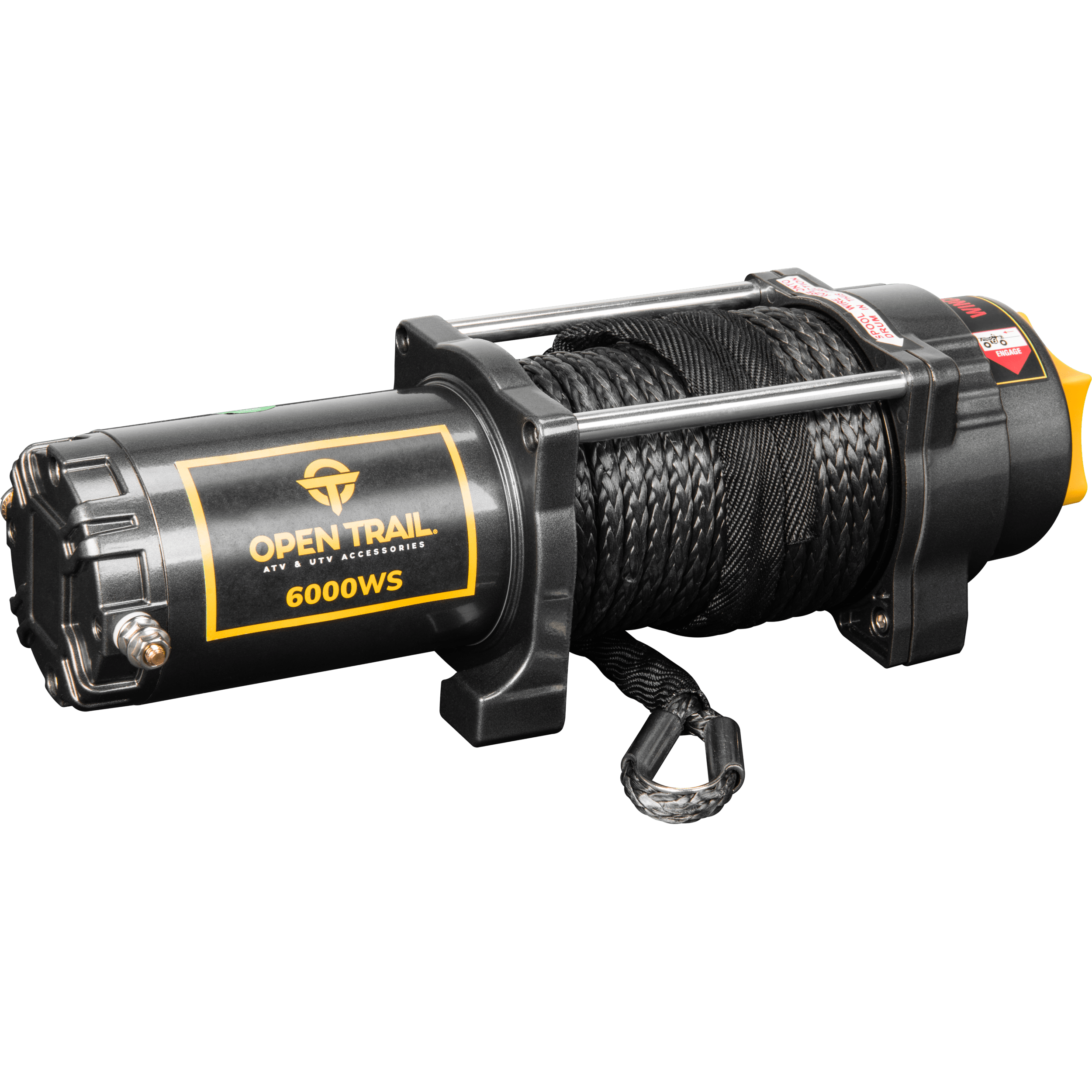 The Open Trail 6000Lb Wide Winch features a durable black frame, synthetic rope, mounting points, and is compatible with a wireless remote for convenience.