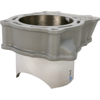 The Suzuki Cylinder 95.50 mm by Cylinder Works is a metallic, direct bolt-on cylinder with a nickel silicon carbide-plated inner surface, a textured outer body, and multiple openings plus mounting holes along the top edge.