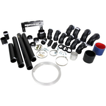 The Polaris ATV Snorkel Kit by High Lifter includes black ABS pipes, silicone hoses, clamps, brackets, fittings, and a clear hose—perfect air intake accessories—shown on a white background.