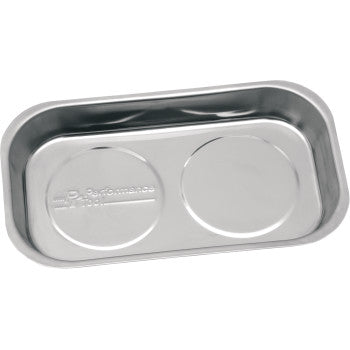 The Tray Magnetic Large by Performance Tool is a rectangular stainless steel organizer with two circular indents and strong magnets on the bottom, ideal for securely holding small metal items like screws or bolts.