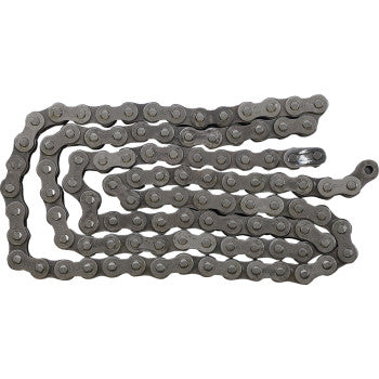 The 428 Standard Non Sealed Chain 104 Links by Ek is displayed flat in a loose, winding pattern on a white background, showcasing the elegant simplicity typical of standard chains.