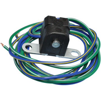 Black rectangular trigger coil with silver metal mounting bracket and multicolored blue, green, and yellow wiring.